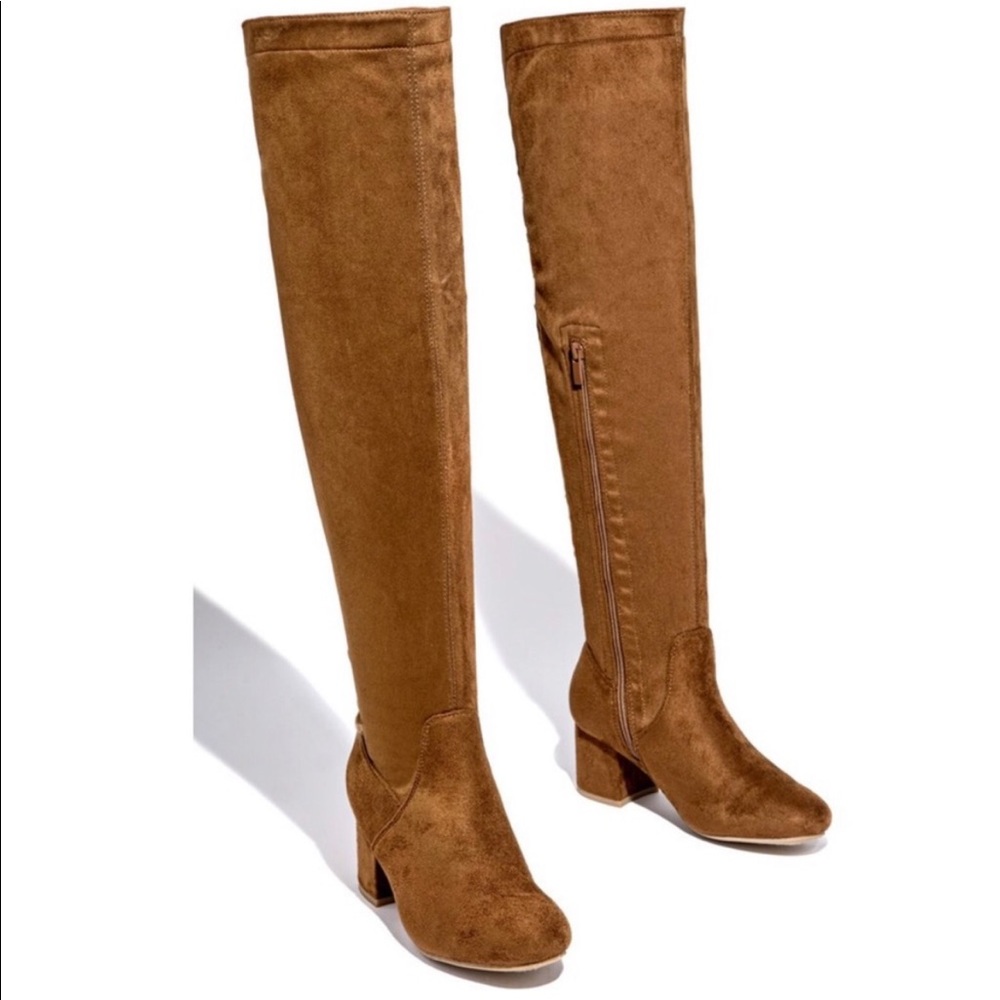 Tan Over The Knee Chunky Low Heel Lace Up Boots - Picture 6 of 9